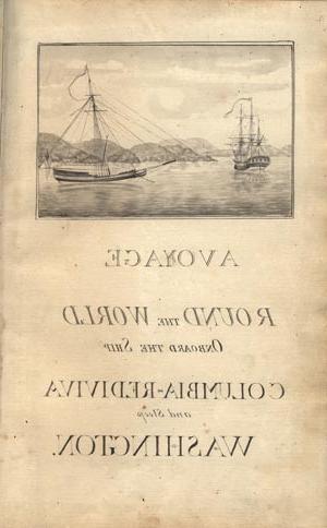 Image of the title page of a book. At the top of the page is an illustration of two sailing ships. At the bottom of the page is several lines of text.